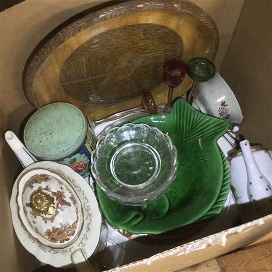 A.M. Doll, marble inkwell, various China and glass, various prints